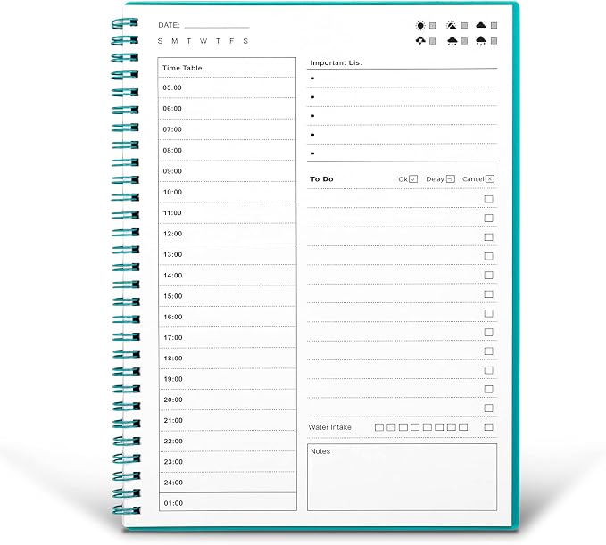 Daily Planner Undated, To Do List Notebook with Hourly Schedule, Time Management Manual and Planner, Personal Organizers, 5.2"x7.5", 75 Sheets/150 Pages, Green