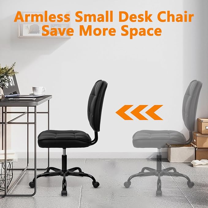 CLATINA Home Office Chair No Arms with Wheels, Armless Small Leather Ergonomic Low Back Desk Chairs Adjustable Height 360° Swivel Rolling Computer Task Chair for Work Conference Room, Black, 2 Pack