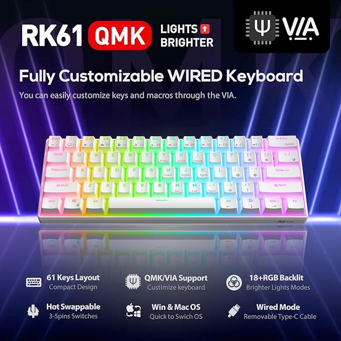 RK ROYAL KLUDGE RK61 Wired 60% Mechanical Gaming Keyboard, Compact PC Game Keyboards with QMK/VIA Programmable RGB Backlit, Hot Swappable Custom Keyboard for Win/Mac, Pre-lubed Red Switch, White