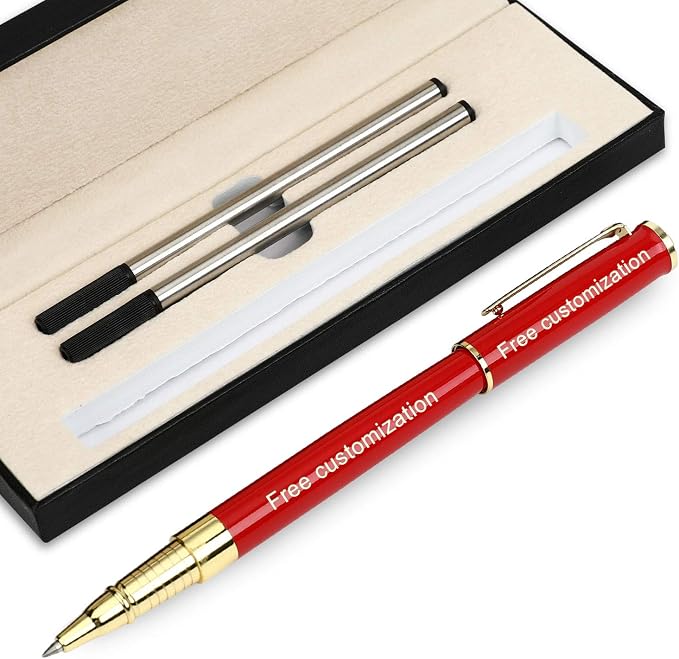 1314 Free Engraving pen Personalized custom pens Roller Ballpen, Ballpoint pen, Ball pen, Medium Refill Pen Black Ink, Custom Gifts for Men, Women, Classy Gift Box (Red Style 1)