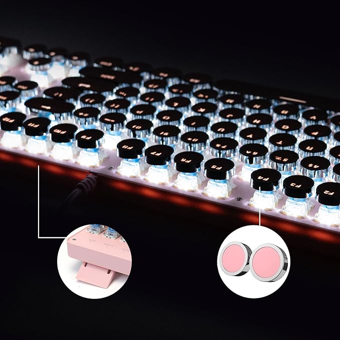 Typewriter Style Mechanical Gaming Keyboard LED Backlit Wired with Blue Switch Retro Round Keycap 104 Keys Keyboard (Pink 104Keys LED)