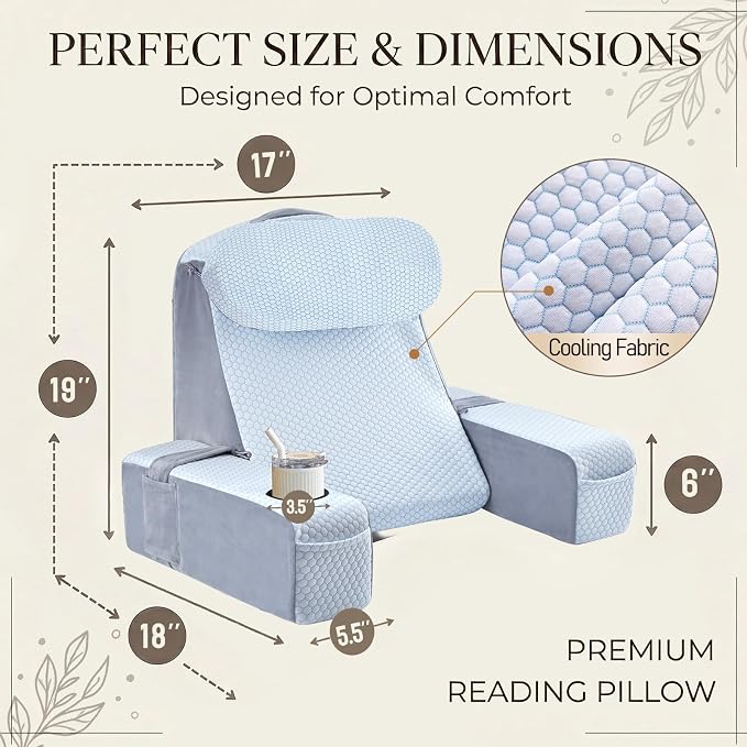 Reading Pillow for Adults, Back Pillow for Bed Sitting Up, Backrest Pillow for Sitting in Bed, Detachable Arms with Built-in Cup & Phone Caddy (White Cooling - Polka, 19 INCH)