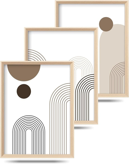 HesenDot 12x16IN Boho Arch High Framed Wood Design Wall Art Set of 3 | Modern Neutral Line Canvas Prints, Mid Century Minimalist Wall Decor for Living Room Bedroom Bathroom Hallway Office