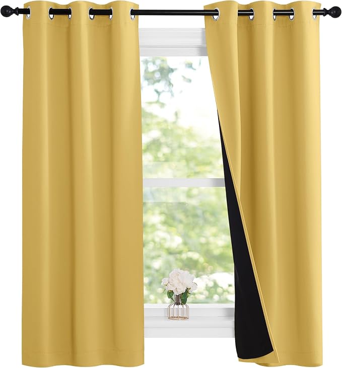 NICETOWN 100% Blackout Short Curtains with Black Liners, 2 Panels, 37" W by 60" L, Bright Yellow, Thermal Insulated Full Blackout 2-Layer Lined Drapes, Energy Efficiency Window Draperies for Bedroom