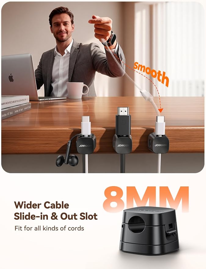 JOYROOM Detachable Magnetic Cord Organizer w/Secure Snap-Lock, 2-in-1 Adhesive& Magnetic Cable Clips, Auto-Fit Spring Management for φ1.5~8mm Cables, Under Desk Nightstand Home Office Car Wire Keeper