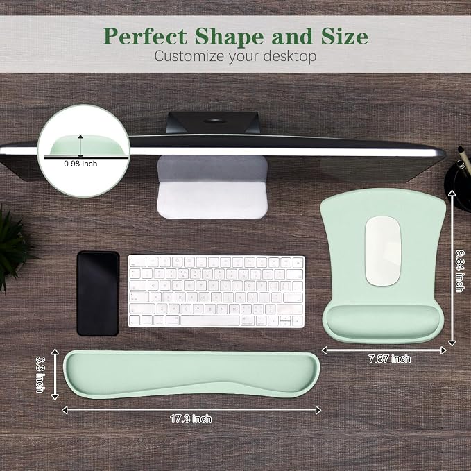 Ergonomic Keyboard Wrist Rest Memory Foam and Soft Gel Mouse Pad | Smooth Surface, Anti-Slip Base, Easy Typing and Pain Relief for Gaming, Office, Laptop, Green