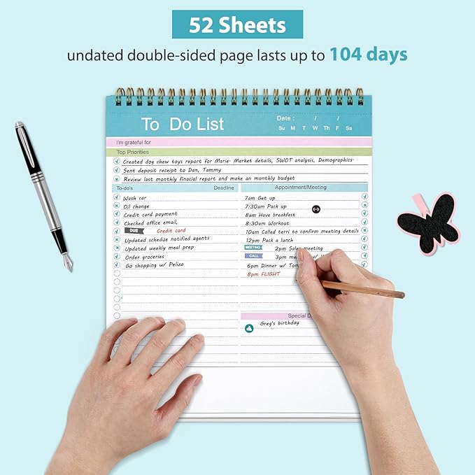 To Do List Notepad, Spiral Bound Undated Daily Planner, 52 Sheets 8.5" X 10.5" Tear Off Task Planning Pad with Checklist, For Work Office Home
