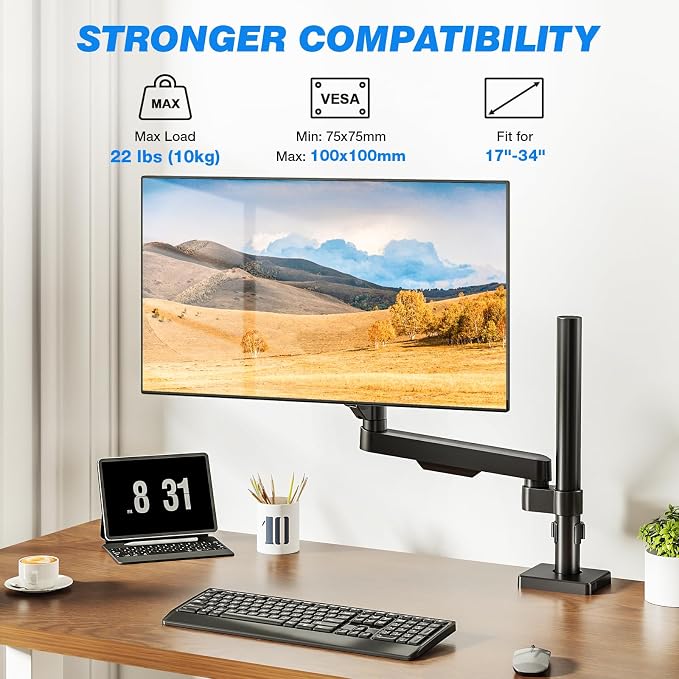 Single Monitor Arm Desk Mount for 17-34" Screens, VESA Stand Holds 22 lbs | Full-motion Adjustability, +90 to -45° Tilt, 180 Swivel, 360 Rotation, Standard 75x75mm and 100x100mm Compatible