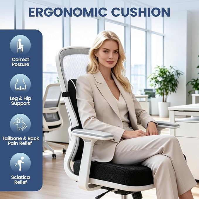 Memory Foam Seat Cushion for Office Chair and Car Seat | Sciatica & Hip & Coccyx Pain Relief Desk Chair Cushion for Long Sitting Office Workers, Car Drivers, Wheelchair, Home