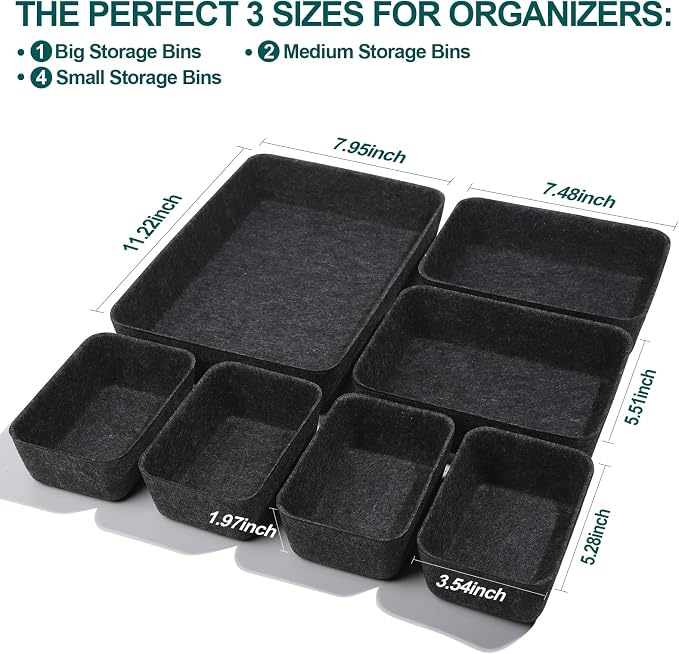 Desk Drawer Organizer | 7 Pack Felt Drawer Organizer Shallow Drawer Organizers Felt Storage Bins,Desk organizer trays (Gray)
