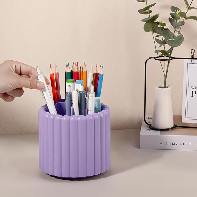 360° Rotating Pen Holder for Desk Removable Pencil Organizer, Purple | 7 Slots Pen Cup Cute Office Supplies and Accessories Plastic Desktop Storage Box Art Caddy for School, Work, Home