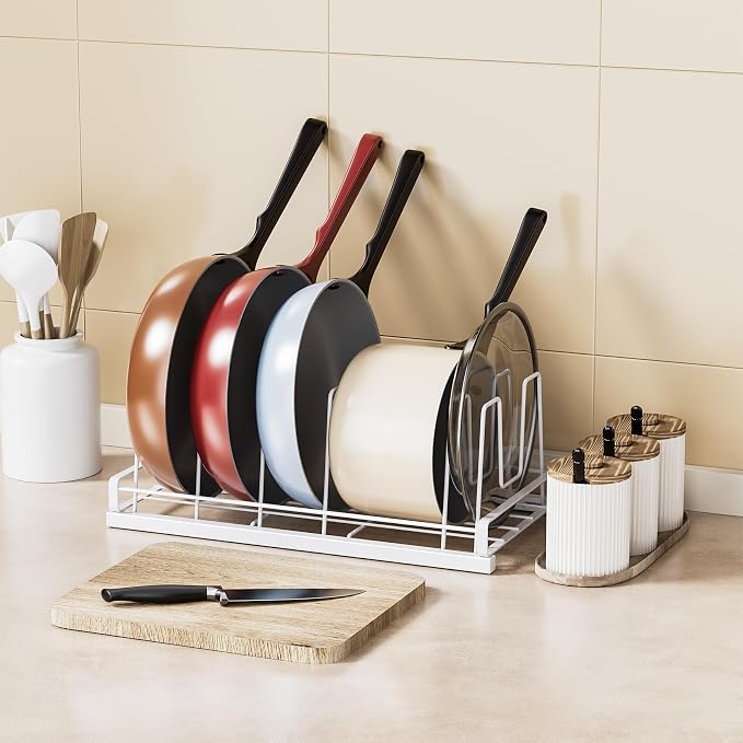 Food Container Lid Organizer Rack with Adjustable 6 Dividers, White | Full-Metal Pot and Pan Organizer Holder for Home Kitchen Cabinets, Drawers, Countertop, Cupboards, Pantry Shelves Storage