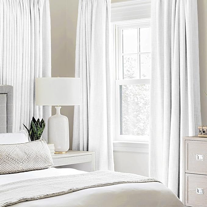 MIULEE Linen Textured Curtains for Bedroom Solid 100% Blackout Thermal Insulated Bright White Grommet Room Darkening Curtains & Drapes Luxury Decor for Living Room 52 x 63 Inch (2 Panels)