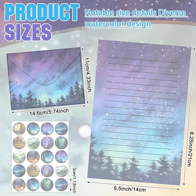 TaoBary 160 Pcs Stationery Paper Set 50 Double Sided Stationery Paper with 50 Matching Envelope and 60 Round Dot Sticker, 10 Design (Whimsical Watercolor Illustration Starry Night Sky,8.25 x 5.5 Inch)