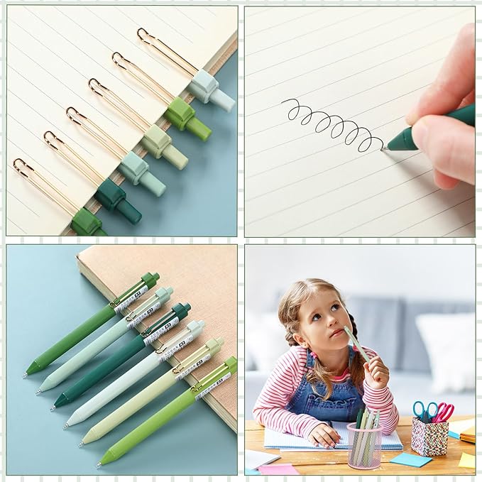 Aesthetic Stationery Set Supplies Sticky Notes Set 6 Mini Correction Tapes 6 Retractable Black Ink Pens 0.5mm Fine Point Paper Corrective Pen Self Stick Index Tabs(Green)