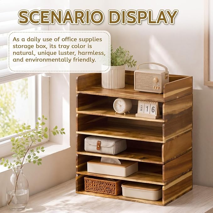 Novabright 6 Pcs Stackable Paper Organizer Tray Acacia Wood Desk Organizer Letter Tray Desktop Letter Size Office Wooden Desk Shelf Paper Holder Folder Organization Rack for File Document (Acacia)