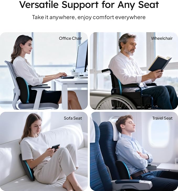 Wigoo Lumbar Support Pillow for Car-Office Chair, Black 1-Pack | Memory Foam| Ergonomic| Universal Fit
