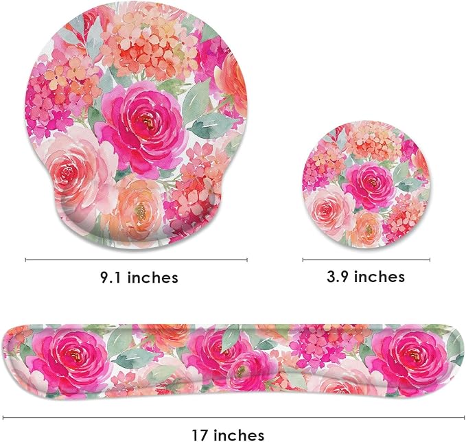 Flower Floral Pink Peony Spring Ergonomic Mouse Pad Set with Wrist Rest Non-Slip Rubber Base Wrist Cushion Support and Coasters Mousepad with Wrist Support for Computer Keyboard and Desk