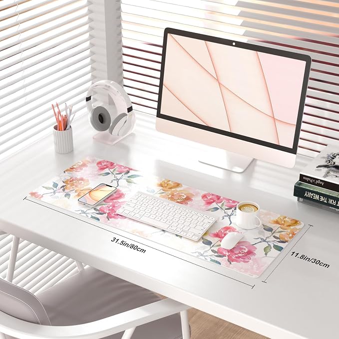 QiyI Floral Mouse Pad, Watercolor Flowers Desk Mat for Desktop, Women Girls Office Décor Accessories, PU Leather Waterproof Gaming Mousepad, Pink Yellow Peonies Desk Pad Computer Mat, 31.5" x 11.8"