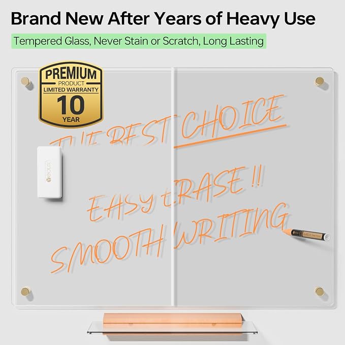 YEOUX Glass Dry Erase Whiteboard - 17x23 Ultra Clear Glass White Board for Wall with Wooden Based Floating Marker Tray, Non-Magnetic Writing for Kitchen, Home and Office.