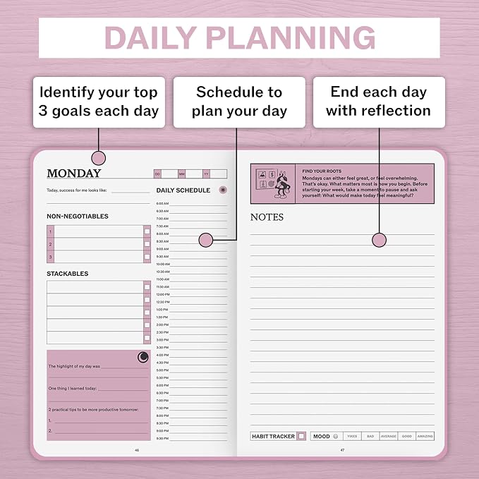 Undated Daily Planner | 90 Day Daily & Weekly Productivity Journal with Hourly Schedule, To Do List, Goal Tracker & Habit Tracker | ADHD Planner for Men & Women | Hardcover Agenda (Pink)
