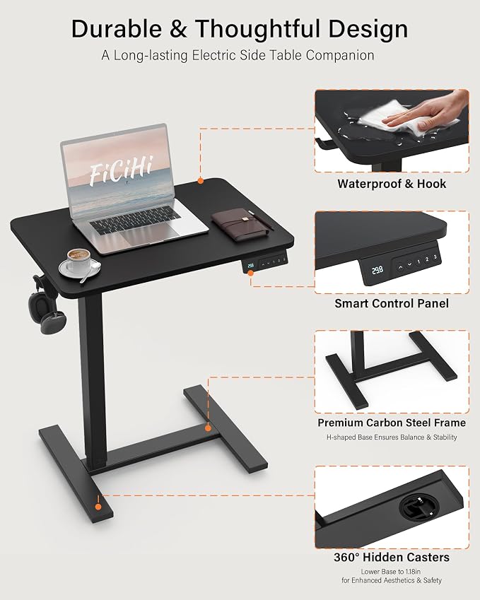 FiCiHi Electric Standing Desk with Wheels – Adjustable Height Mobile Sit-Stand Laptop Table, Portable Rolling Small Computer Workstation for Home Office & Bedside Use (28"x16", Black)