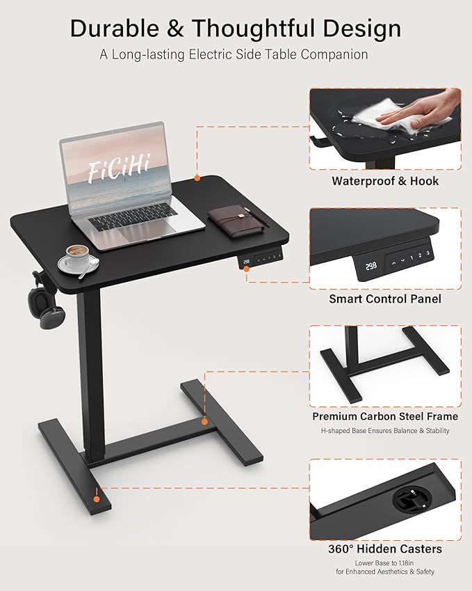 FiCiHi Electric Standing Desk with Wheels – Adjustable Height Mobile Sit-Stand Laptop Table, Portable Rolling Small Computer Workstation for Home Office & Bedside Use (24"x16", Black)