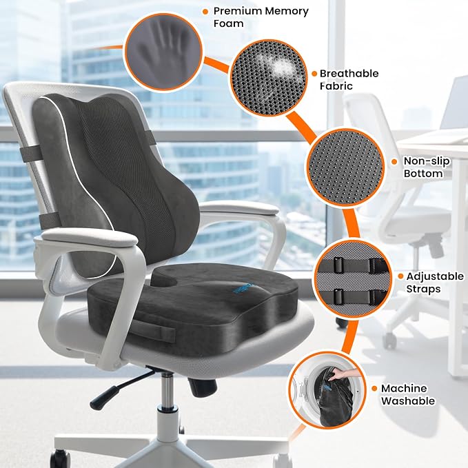CloudBliss Lumbar Support Pillow, Memory Foam for Office Chair, Gray | Ergonomic High-Density Memory Foam, Adjustable Straps, Washable Mesh Cover, Lower Back Support for Office, Gaming & Car Seat