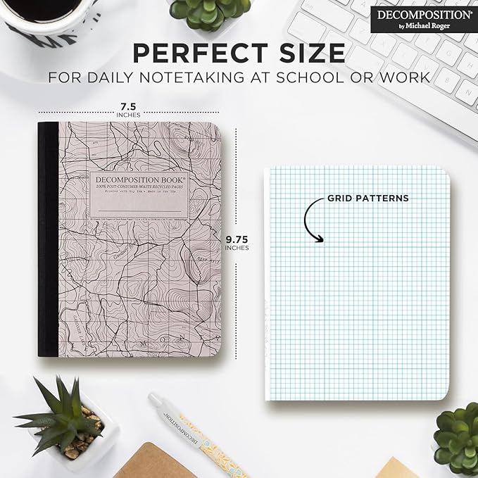 Decomposition Topographical Map Graph Paper Composition Notebook - 9.75 x 7.5 Journal with 160 Grid Pages - Quad Ruled Notebooks for School Supplies, Home & Office - 100% Recycled Paper, Made in USA