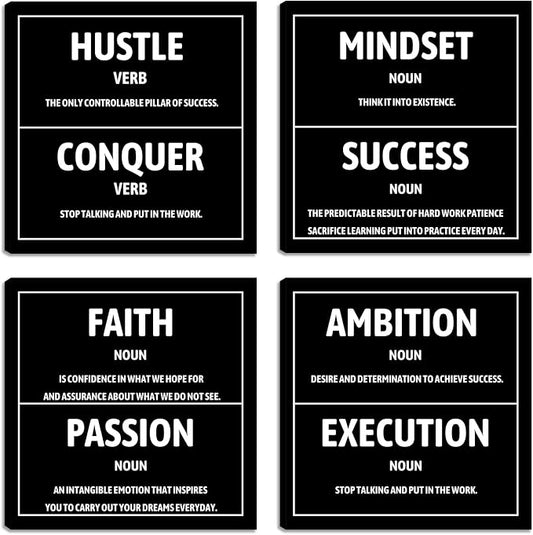 Motivational Office Wall Decor Inspirational Success Canvas Wall Art Hustle Mindset 3 Pieces Posters Prints Wall Picture Artwork Home Living Room Bedroom Framed Ready to Hang - 12"x12"x4PCS