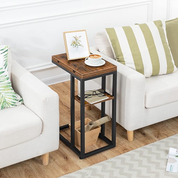 HOOBRO Foldable End Table, C Shaped Side Table with Storage Shelf, Small Snack Table Suitable for Living Room Bedroom Small Spaces, Easy Assembly, Rustic Brown BF29SF01