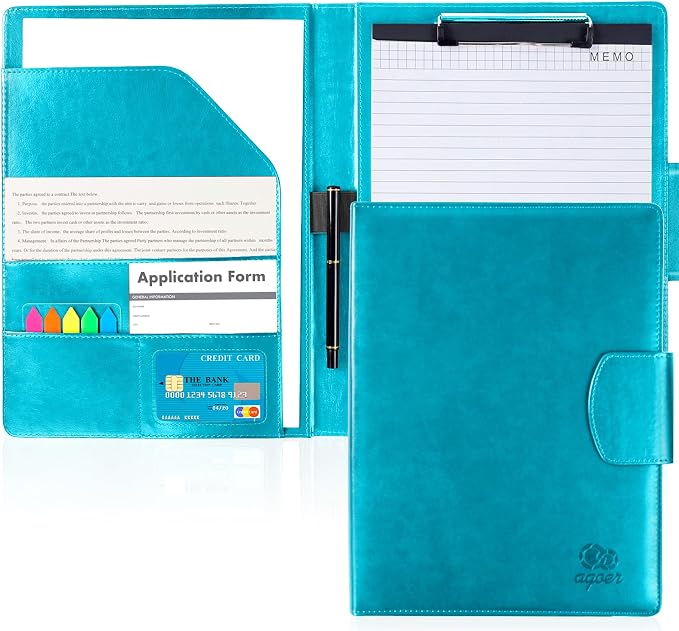 Leather Portfolio Folder Binder,A4 Padfolio Clipboard Folder with Magnetic Closure Cover with Letter Sized Papers,Sticky Tabs,Pen for Business School Office Conference Notepad Clip Boards(Turquoise)