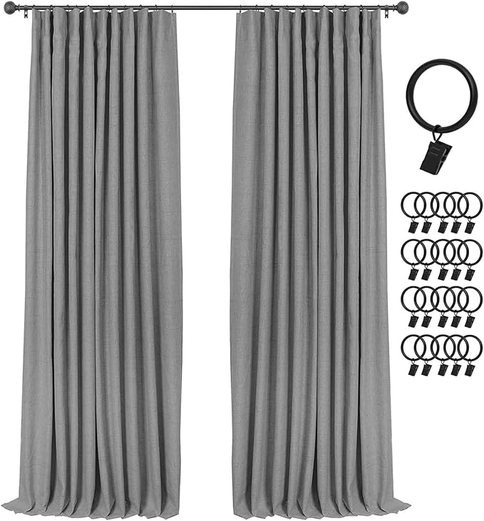 INOVADAY 100% Blackout Curtains for Bedroom, Dark Grey Black Out Curtains 120 Inch Long, Clip Rings Linen Blackout Drapes, Thermal Insulated Room Darkening for Living Room, 2 Panels - W50xL120