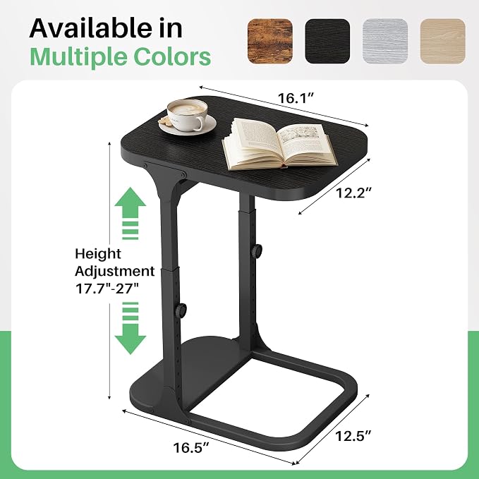 Kitstorack Height Adjustable End Table, Small Side Table for Couch, Sofa Table with Metal Frame for Living Room, Bedroom, Bedside C Shaped Table,Black