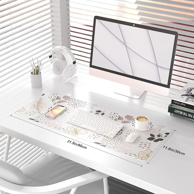 QiyI Large Mouse Pad for Desk, Cute Desk Mat for Desktop, Women Girls Office Décor Desk Accessories, PU Leather Waterproof Gaming Mousepad, Boho Botanical Desk Pad Computer Mat, 31.5" x 11.8"