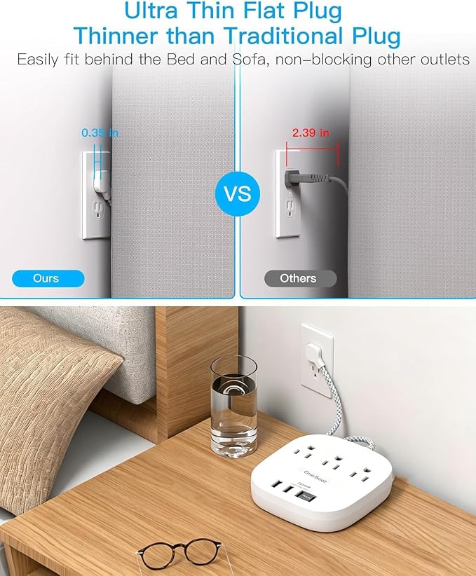 Extension Cord 10 Ft, 22.5W/4.5A Surge Protector Power Strip 10Ft Cord, 3 Outlets & 4 USB Ports (2 USBC), Desktop Charging Station Travel Power Strip Long Cord for Home Office College Dorm Essentials