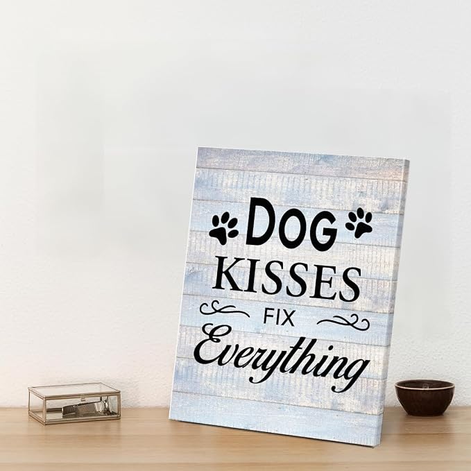 Funny Farmhouse Dog Canvas Wall Art Decor Dog Kisses Fix Everything Rustic Sign Painting Plaque Vintage Animal Pictures Print Home Decoration (8 X 10 Inches, Framed)