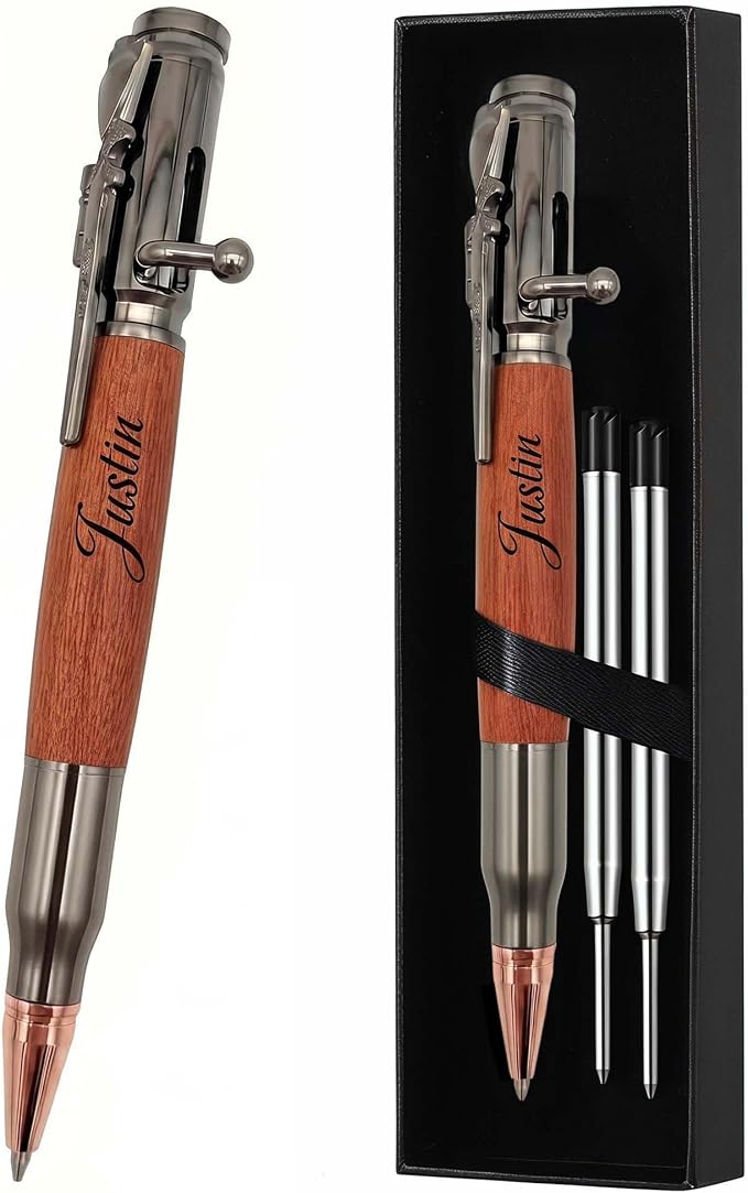 Personalized Bolt Action Pen Gift Set,Free Engraved Metal Ballpoint Pen with 2 Refills,Office Decor Pen,Custom Gifts for Men,Husband,Father,Boyfriend,Grandfather,Brothers. (Wooden)