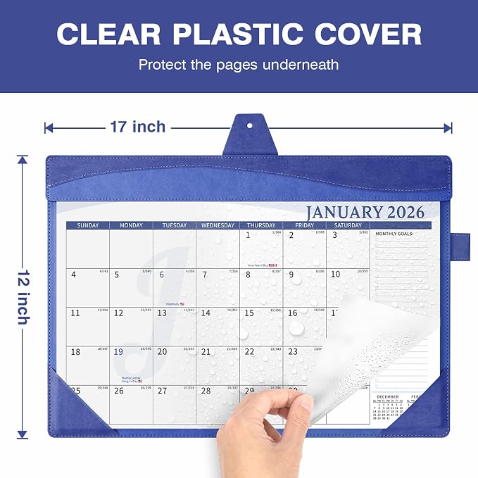 Ospelelf Leather Wall Calendar 2026-2027 with Storage Pocket, 12"x17" Monthly Large Desk Planner Pad with Protective Cover and Sticker, for Family Fridge Office Teacher Student, 18 Months January 2026 - June 2027 Navy Blue
