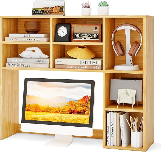 Tangkula Desktop Bookshelf, 37" Countertop Storage Hutch with 7 Cubes & 3 Adjustable Shelves, 3-Tier Desk Display Rack Organizer, Multipurpose Wood Desktop Hutch for Dorm Home Office (Burlywood)