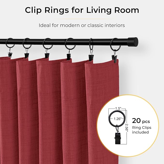 INOVADAY 100% Blackout Curtains for Bedroom, Black Out Curtains 96 Inch Long, Clip Rings Linen Blackout Drapes, Thermal Insulated Room Darkening for Living Room, 2 Panels - Ruby Red,W50xL96