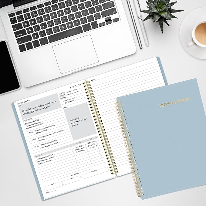 SUNEE Half Meeting Half Note - 8.5"x11" Professional Notebooks for Work - 160 Pages, A4 Size Project Planner, Spiral Meeting Agenda/Minutes Organizer for Women, Note Taking, Office&Business, Blue