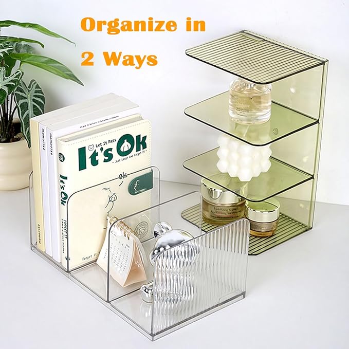 Versatile Acrylic Magazine File Holder, 3 Compartment Desk Document Organizer Sorter, Clear Bookends & Folder Rack for Classroom, Holds Tablet, Magazines, Files, Supplies & Accessories-2 Pack Green