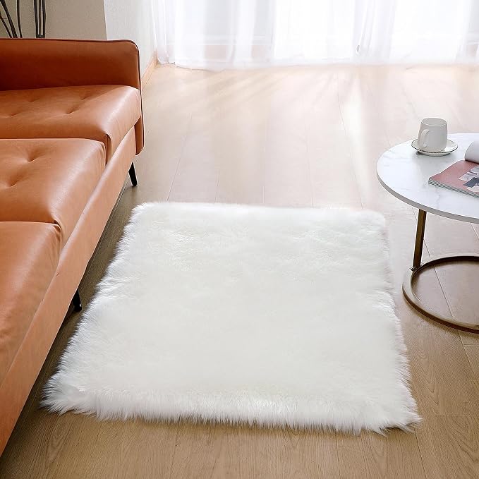 linmopm Faux Fur Sheepskin Rug, White, 3x4 ft | Shag Fluffy Fuzzy, High-Density Cushion, Rectangle, For Bedroom Bedside Living Room, Plush Sofa Cover