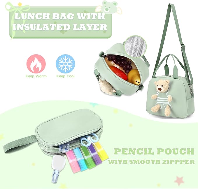 ACESAK School Backpack for Girls - 3 PCS Cute Girls Backpack with Lunch Box & Pencil Case - Kawaii Casual Kids Bookbag School Bag Daypacks Set for Elementary Middle High School Student Teens (Green)