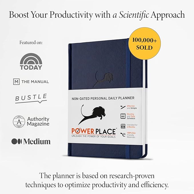 Undated Day Planner & Calendar – 6-Month Life Organizer for Productivity, Time-Management & Focus | 24-Hour Hourly Agenda for Men & Women, Faux Leather Hardcover (Blue)