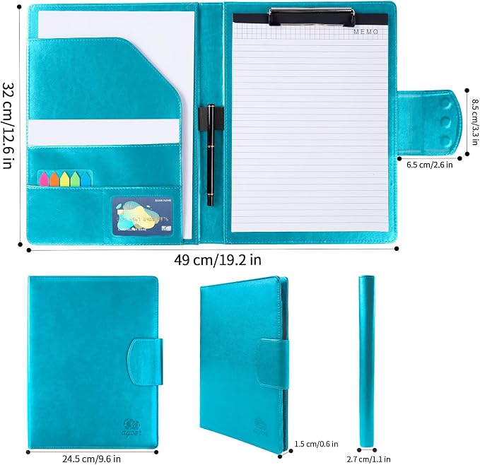 Leather Portfolio Folder Binder,A4 Padfolio Clipboard Folder with Magnetic Closure Cover with Letter Sized Papers,Sticky Tabs,Pen for Business School Office Conference Notepad Clip Boards(Turquoise)
