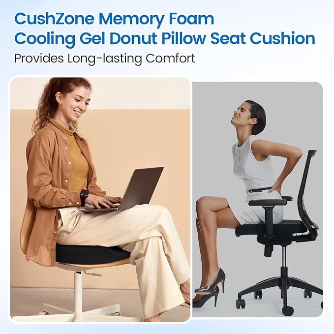 Donut Pillow Seat Cushion, Cooling Gel Memory Foam Chair Cushion, Black | Office, Home & Car Seat Cushion, Butt Pillow for Tailbone Pain Relief, Hemorrhoids and Everyday Sitting Comfort