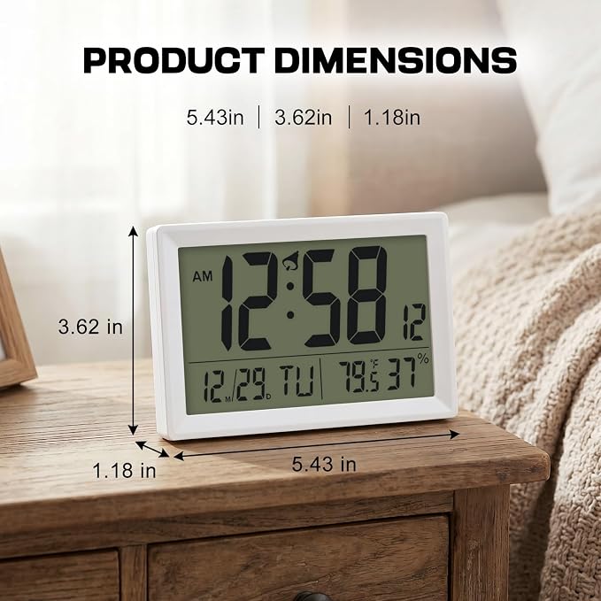 Digital Wall Clock Battery Operated with LCD Display, 6.5” Small Digital Clock with Seconds/Temperature/Humidity/Snooze - 12/24H, Digital Alarm Clocks for Bedrooms, Living Room, Office, Gym