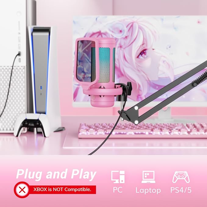 TONOR Gaming Microphone Arm Set, RGB Condenser Mic with Boom Arm, Quick Mute, Adjustable RGB Brightness, Pop Filter, Shock Mount, Gain Control for Streaming, Discord Twitch YouTube,TC310+ Pink